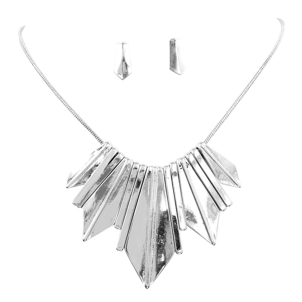 Silver Spike Fan Flair Necklace Earrings Set